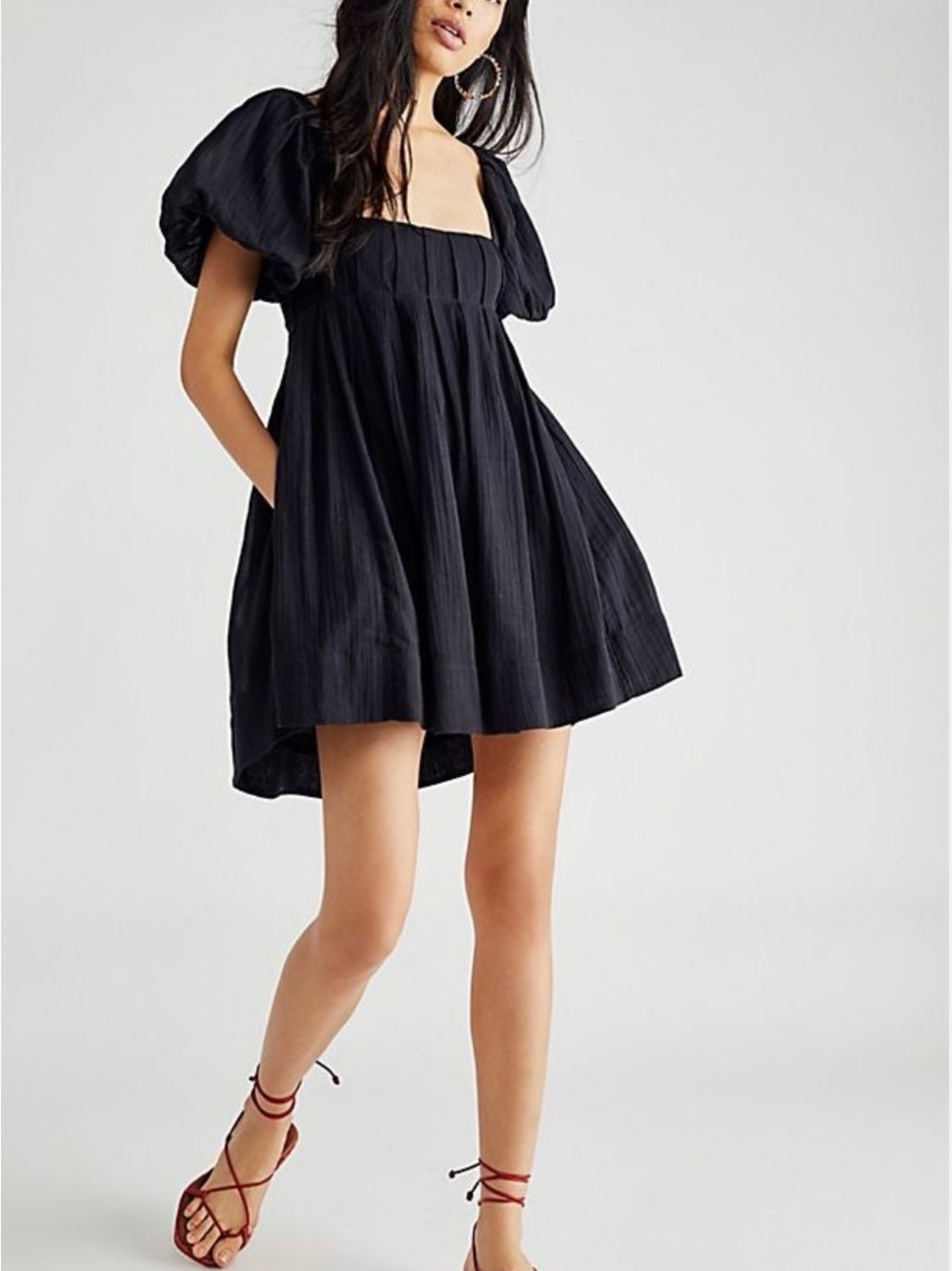 Free People Black Puff-Sleeve Square-Neck Mini Dress